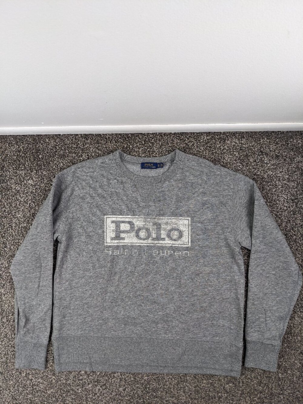 Polo Ralph Lauren Sweatshirt Spellout Factory Distressed Crewneck Gray Womens XS